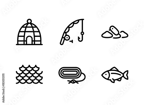 Fish Market Lobster Pot Fishing Rod Bait Fish Scale Fishing Line Minimal Bold Line Icon Set