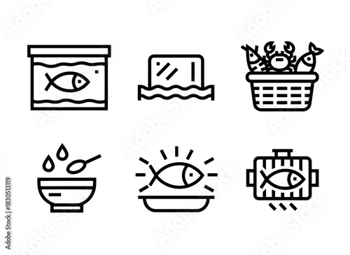 Fish Tank Ice Bed Seafood Basket Seafood Sauce Fish Fry Seafood Grill Minimal Bold Line Icon Set