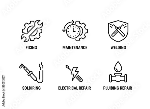 Fixing Maintenance Welding Soldering Electrical Repair Plumbing Repair Minimal Bold Line Icon Set