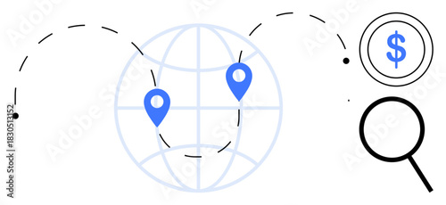 Globe outlined with two blue location pins, dashed travel path, magnifying glass, and currency icon. Ideal for business strategy, global trade, logistics, financial analysis, travel planning
