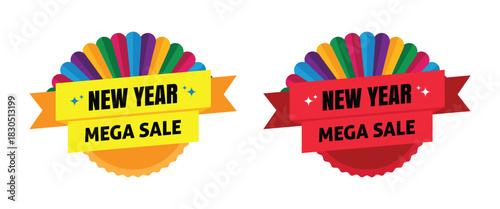 New year mega sale tag badge set. Discount badge sticker vector design on transparent background. Vector illustration.	