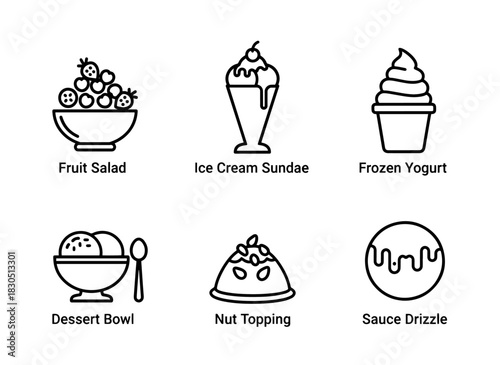 Fruit Salad Ice Cream Sundae Frozen Yogurt Dessert Bowl Nut Topping Minimal Bold Line Icon Set