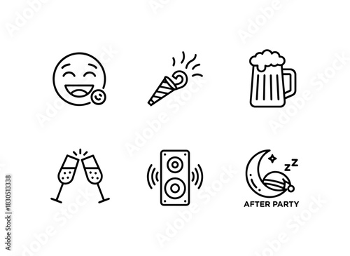 Fun Emoji Party Horn Beer Mug Toasting Glasses Music Speaker Tower Minimal Bold Line Icon Set