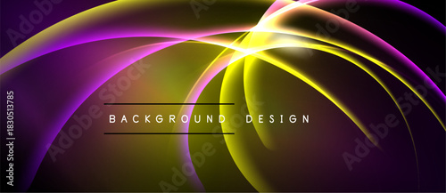 Abstract flowing lines, vibrant purple, yellow hues. Dynamic curves create luminous effect. Background design suggests energy, movement.