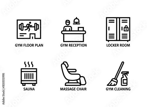 Gym Floor Plan Gym Reception Locker Room Sauna Massage Chair Gym Cleaning — Minimal bold line icon set