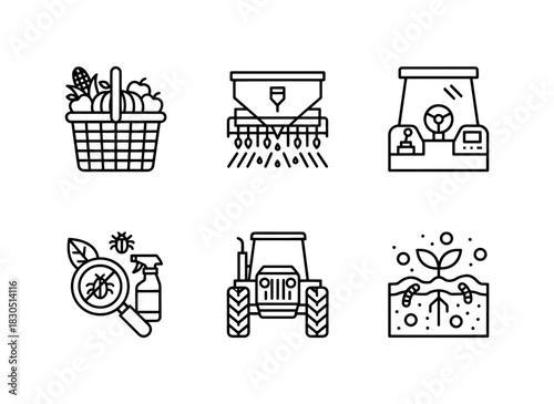 Harvest Basket Seed Drill Tractor Cabin Pest Control Farm Tractor Front — Minimal bold line icon set