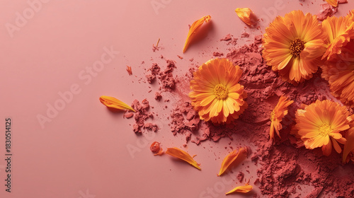 A pink background with orange flowers and orange powder