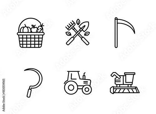 Harvest Basket Harvesting Tools Scythe Sickle Tractor Harvest Combine Harvester — Minimal bold line icon set