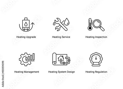 Heating Upgrade Heating Service Heating Inspection Heating Management Heating System — Minimal bold line icon set