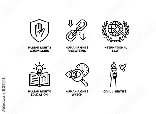 Human Rights Commission Human Rights Violations International Law Human Rights Education — Minimal bold line icon set