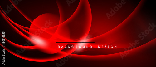 Abstract red design features flowing curves, dynamic shapes. Dark background enhances vibrant color, modern aesthetic. Text reads background design.