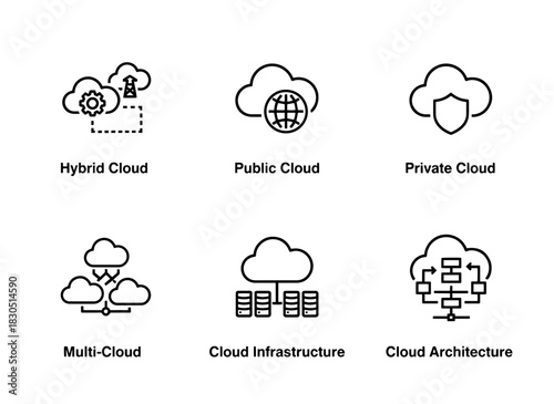 Hybrid Cloud Public Cloud Private Cloud Multi Cloud Cloud Infrastructure Cloud Architecture — Minimal bold line icon set