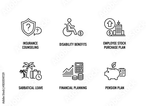 Insurance Counseling Disability Benefits Employee Stock Purchase Plan Sabbatical Leave — Minimal bold line icon set
