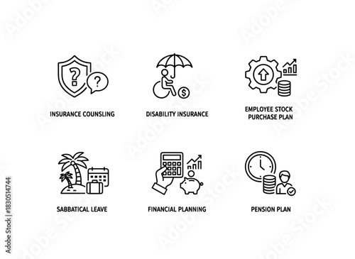 Insurance Counseling Disability Insurance Employee Stock Purchase Plan Sabbatical Leave — Minimal bold line icon set