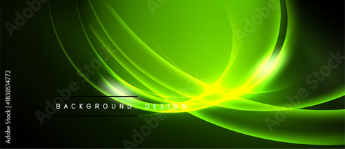 Bright green abstract lines create dynamic flow. Dark background emphasizes luminous curves, modern design element.