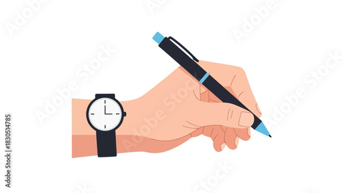 Hand Holding Pen & Watch Flat Illustration: Productivity & Signing Icon for Business & Education
