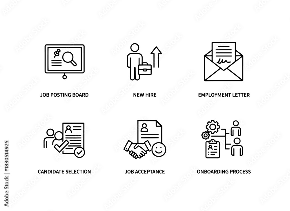 Obraz premium Job Posting Board New Hire Employment Letter Candidate Selection Job Interview — Minimal bold line icon set