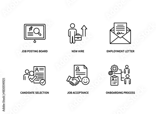 Job Posting Board New Hire Employment Letter Candidate Selection Job Interview — Minimal bold line icon set