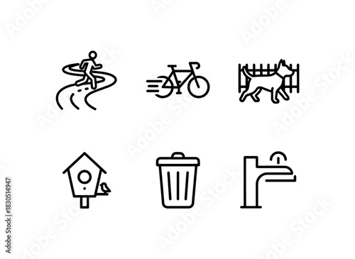 Jogging Track Bicycle Path Dog Park Birdhouse Trash Bin Water Fountain — Minimal bold line icon set