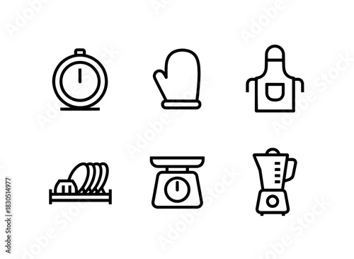 Kitchen Timer Oven Mitt Apron Dish Rack Kitchen Scale Blender — Minimal bold line icon set