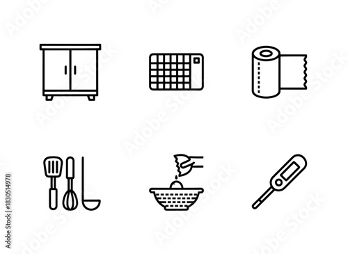 Kitchen Cabinet Cutting Mat Food Wrap Cooking Utensils Egg Separator Food Thermometer — Minimal bold line icon set