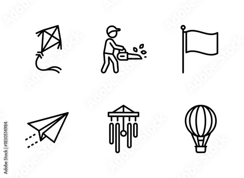 Kite Flying Leaf Blowing Flag Waving Paper Airplane Wind Chime Hot Air Balloon — Minimal bold line icon set