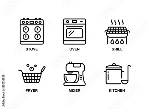 Kitchen Stove Oven Grill Fryer Mixer — Minimal bold line icon set