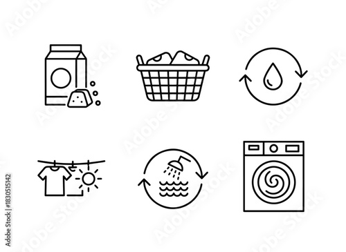 Laundry Powder Box Laundry Basket Mesh Laundry Wash Cycle Laundry Drying Time Laundry Line — Minimal bold line icon set
