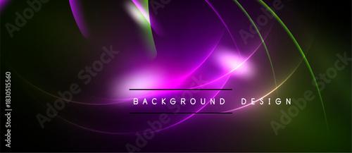 Abstract purple, green light streaks. Dynamic curves create modern background design. Brightness contrasts with dark space.