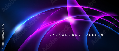 Abstract neon curves, vibrant blues, pinks dominate dark background. Modern design elements create dynamic visual impact.