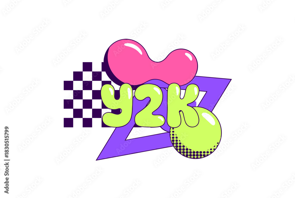 Obraz premium Playful Y2K bubble text with geometric neon background 