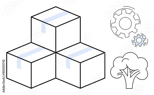 Packed boxes stacked neatly, gear icons symbolizing process and efficiency, with a tree representing sustainability. Ideal for logistics, environment, shipping, efficiency, eco practices, green