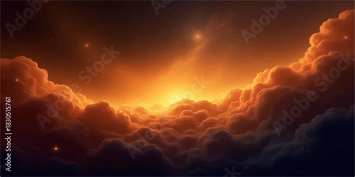Dramatic golden light illuminating clouds in a dark and mysterious sky