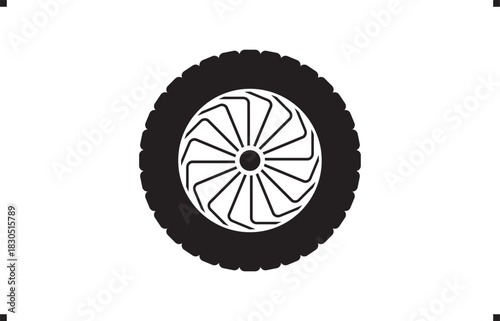 Black rubber wheel tire design. Wheel tires. Car tire tread tracks, Mini Van racing wheel mascot design. Tires road maintenance vector automobile. Auto Van wheel tyre. Vector illustration rim design