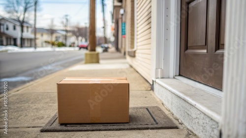 Fototapeta Naklejka Na Ścianę i Meble -  Petroleum price small business concept. A cardboard package is left on a sidewalk near a door in an urban setting.