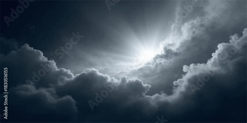Dramatic clouds with sunburst and starry sky at night