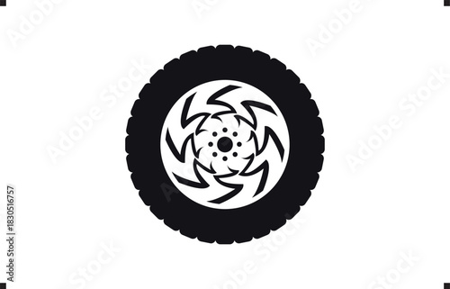 Black rubber wheel tire design. Wheel tires. Car tire tread tracks, Mini Van racing wheel mascot design. Tires road maintenance vector automobile. Auto Van wheel tyre. Vector illustration rim design