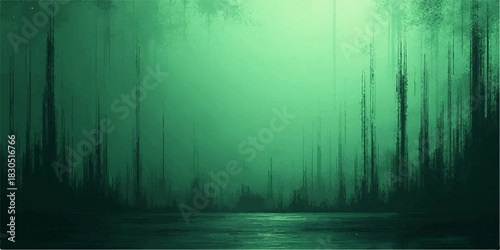 Eerie green forest landscape with reflections and abstract texture