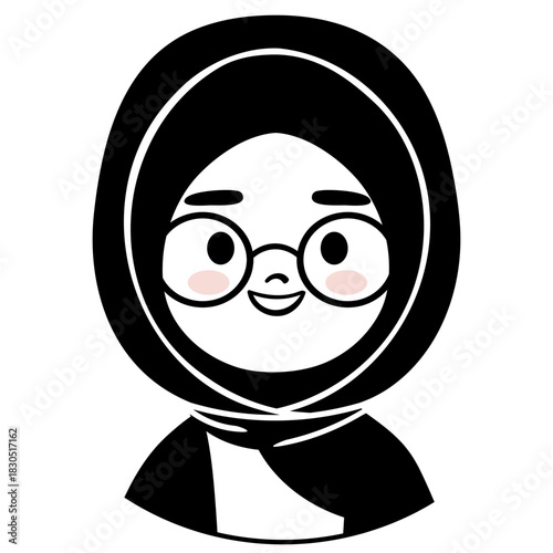 Minimal black and white avatar of a smiling girl in hijab isolated on white background. Perfect for profile photos, social media branding, apps, stickers and inclusive identity designs.