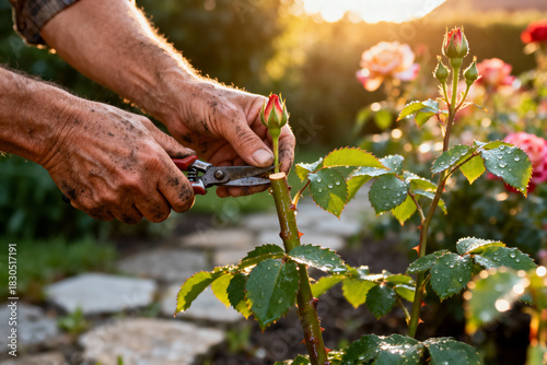 Skilled hands carefully pruning rose bush at golden hour for a vibrant and healthy garden display