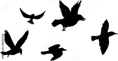 Flying flock of birds silhouette, Simple swallows in flight, crows in the sky. Group of birds border. Vector illustration