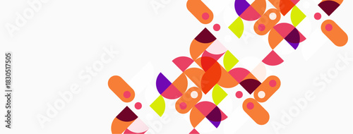 Abstract colorful shapes overlap, creating dynamic visual pattern. Bright hues contrast against white background. Modern design element.
