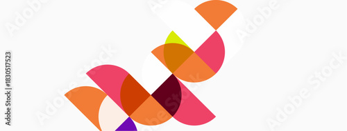 Abstract colorful shapes overlap, creating dynamic composition. Pink, orange, yellow hues dominate white background. Modern design element.