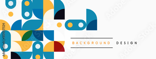 Abstract geometric shapes overlap, creating vibrant colorful background. Minimalist design features clean lines, modern aesthetic.