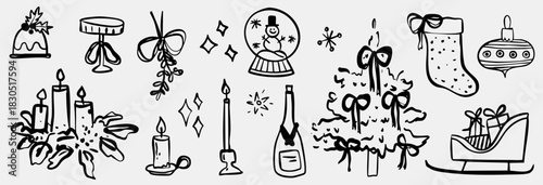 Winter vintage whimsical christmas tree doodle sketch vector illustration. Holiday line art simple party decoration for new year. Minimalist snowflake outline set