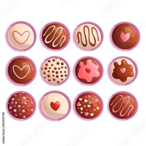 A set of chocolates for Valentine's Day, sweets on a white background. The concept of love, romance. Isolated vector illustration for the design of posters, postcards, banners