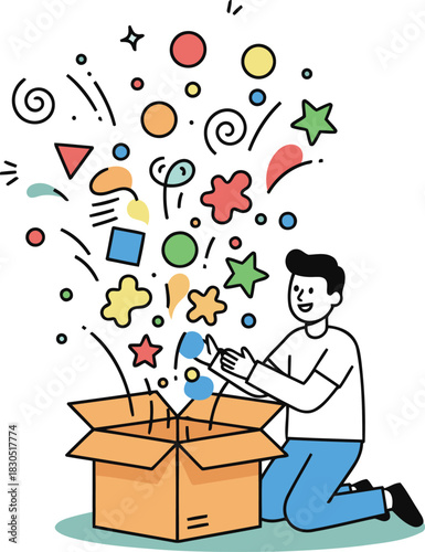 Excited man opens a box filled with colorful shapes and stars in a celebration of surprise
