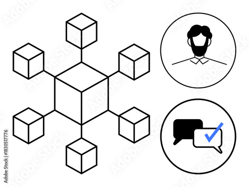 Cube network structure, profile avatar, and message verification icon portray blockchain, identity, and communication. Ideal for technology, data, security, decentralization authentication