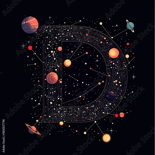 Letter D space alphabet composed of planets stars cosmic elements futuristic astronomy design on dark background vector illustration