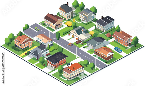 Isometric suburban neighborhood with diverse detached houses cars trees roads and green lawns in flat minimalist vector style